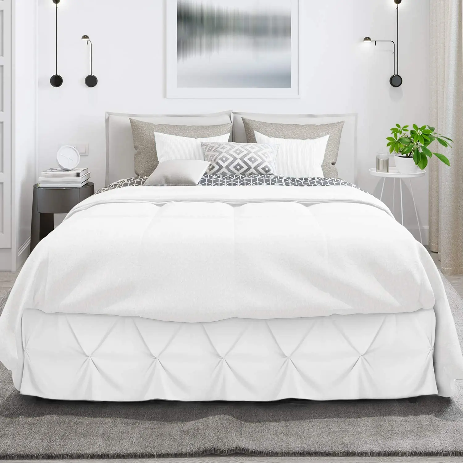 Elegant Wrap Around Pinch Pleat Bed Skirt Valance Add White Sheet Bed Box Spring Cover Bedspread-14 Inch Drop