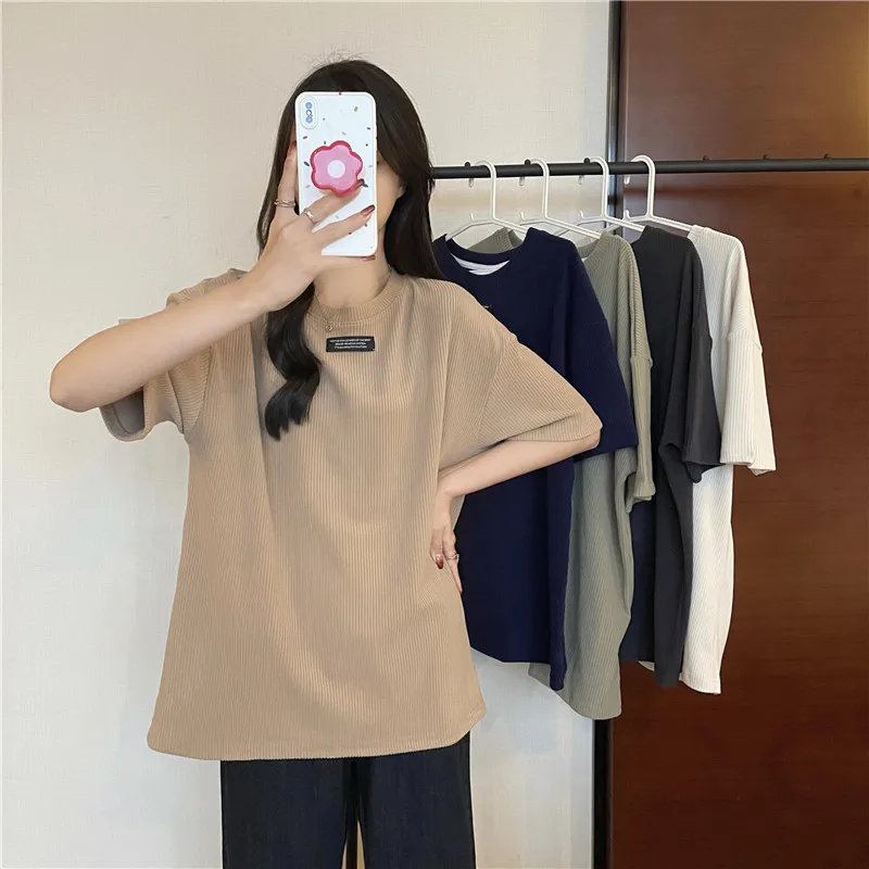 

Korean Version Round Neck Short-Sleeved T-Shirt Womens New Summer Sweet Slim Short Knitted Blouse