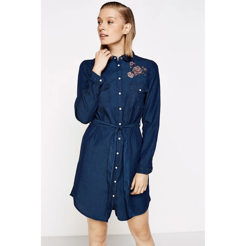 European and American Washed Tencel Cotton Embroidered Floral Pocket Mid-Length Thin Dress Foreign Trade Original Sample Women's |