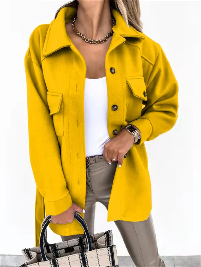 Women Autumn Winter Warm Tweed Coat Lapel Double Pocket Splicing Single-breasted Cardigan Trench Peacoat Loose Lace-up Outerwear