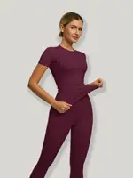 Women's Short Sleeve Sporty Set, High Waist Yoga Pants & T-Shirt Combo, Ideal for Fitness Gym Sculpting Workout - Image 2