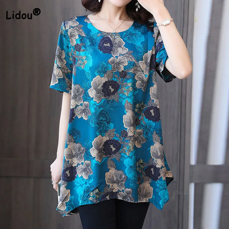 

Loose Women's Printing Vintage Irregular O-Neck T-shirt Summer New Fashion Casual Short Sleeve Pullovers Tops Female Clothing