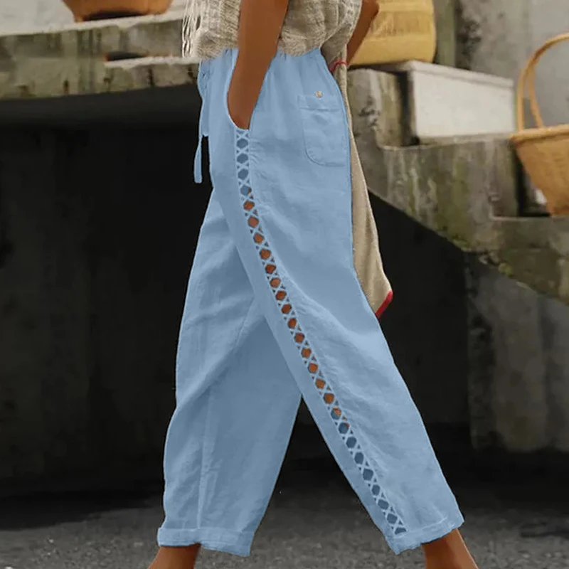 Women Fashion Embroidered Lace Trousers Vintage Lace-Up Pockets Pants Summer Elegant Loose Elastic Waist Long Pants Streetwears