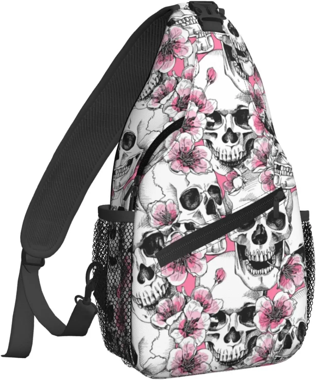 Sugar Skull Skeleton Flower Pink Sling Backpack, Chest Bag, Crossbody ...