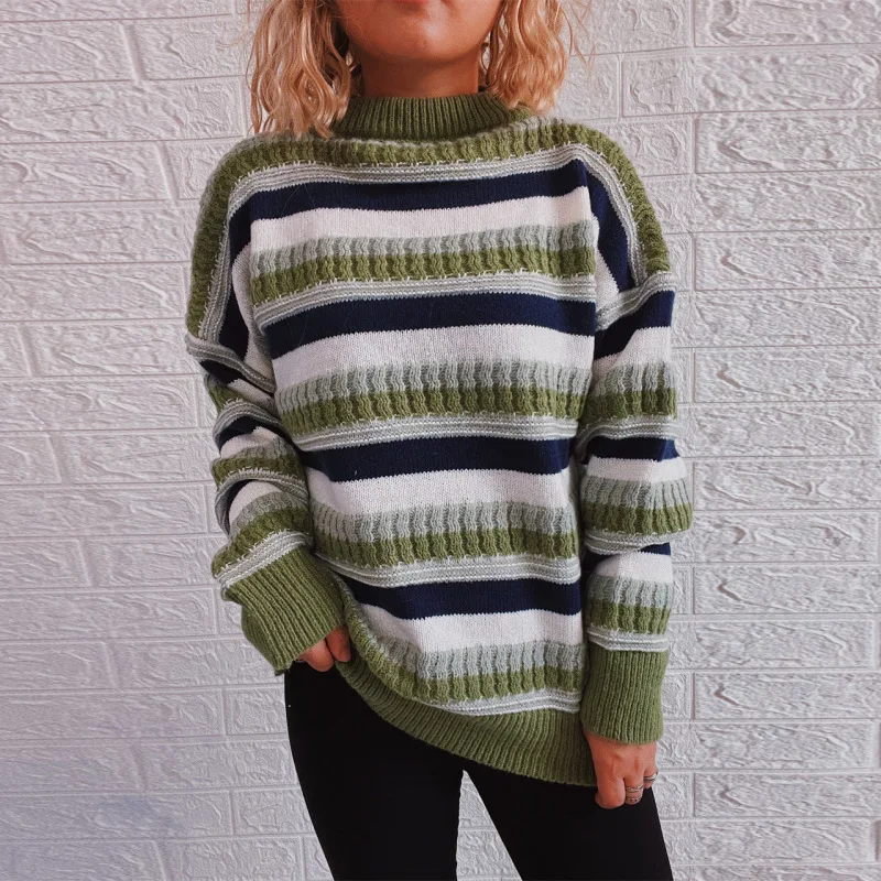 

Contrast Stripe Loose Knitted Pullover Sweater for Women Autumn/Winter Fashion O-Neck Long Sleeve Tops Free Drop Shipping W16