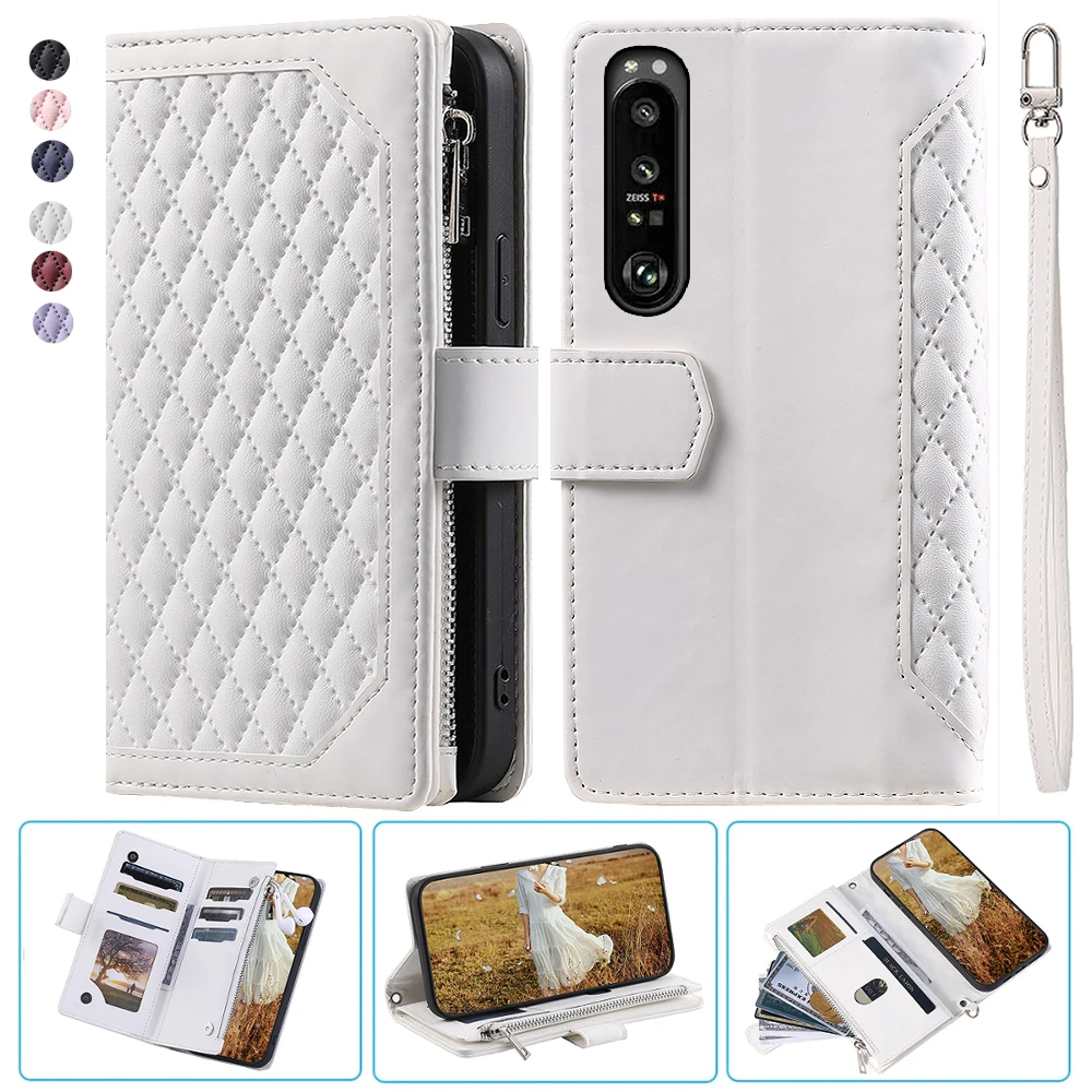 

For Sony Xperia1 III Fashion Small Fragrance Zipper Wallet Leather Case Flip Cover Multi Card Slots Cover Folio with Wrist Strap