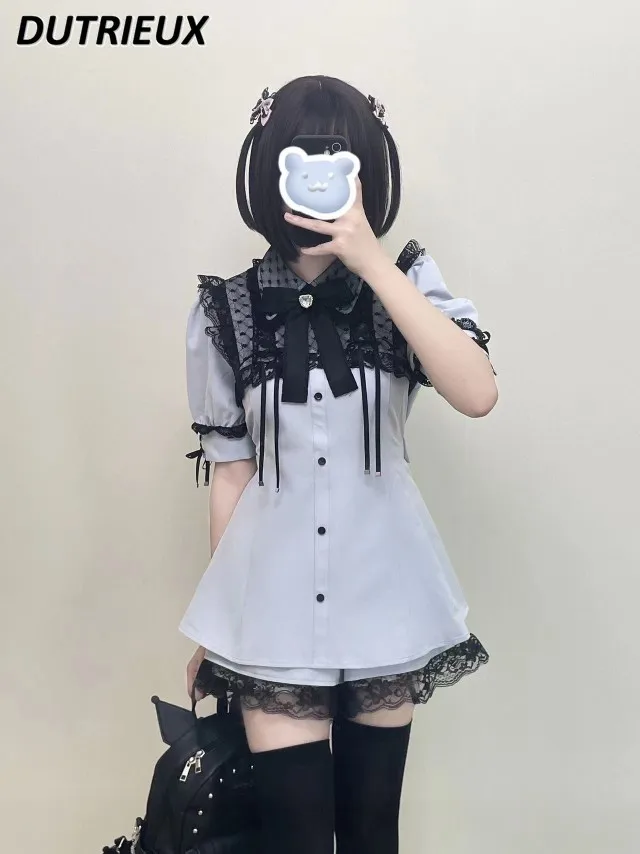Japanese Original Mine Mass-Produced Short Sleeve Waist-Controlled Top Cuff with Strap Lace Dress and Base Shorts Suit Outfits