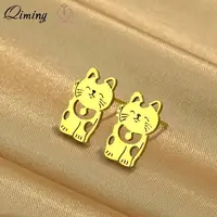 QIMING Lovely Animal Fortune Cat Stud Earrings Women Stainless Steel Jewelry Girls Good Luck Earrings Gift 1