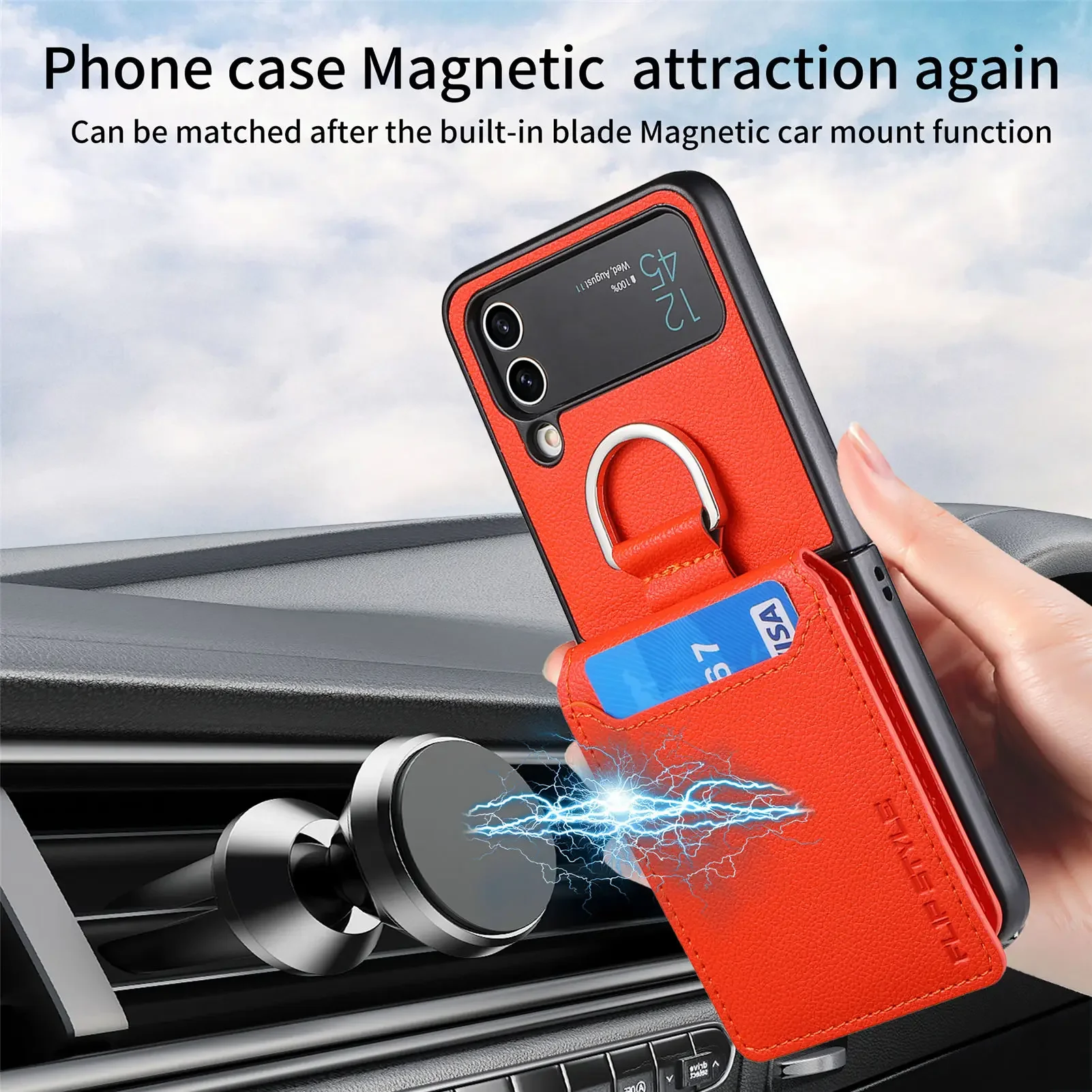 Magnetic Leather Wallet Case with Ring Holder and Kickstand