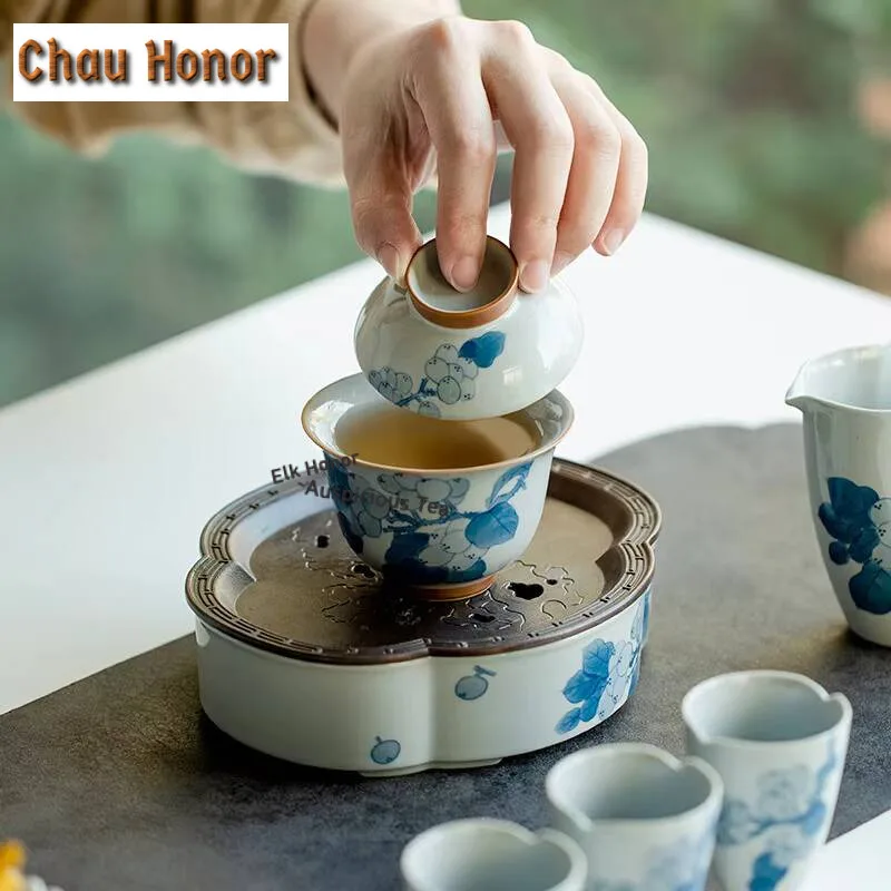 120ml Pure Hand-painted Loquat Ceramic Tea Tureen Retro Blue Sancai Cover Bowl Tea Bowl With Cover Kung Fu Tea Set Tea Ceremony