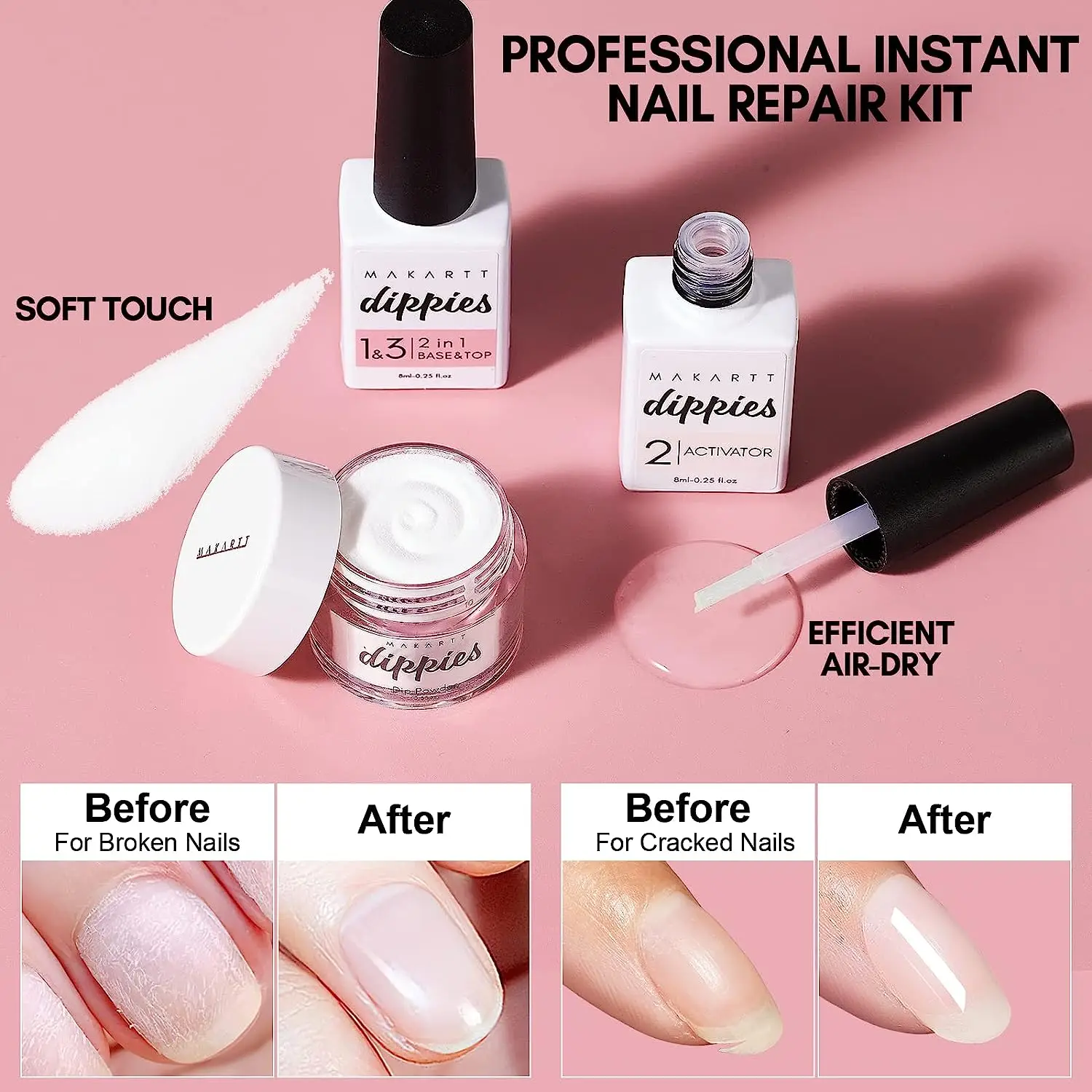 Makartt Nail Repair Kit for Cracked Natural Nail, Clear Dip Powder Nail Kit Starter Set with 2 in 1 Base Top Coat, Activator 2