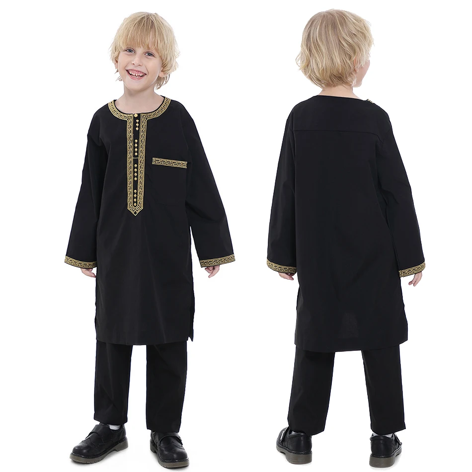 

4-12T Children Thawb Kids 2023 New 2 Pcs Clothing Set Boys Arab National Outfit Teens Folk Thobe Long Sleeve Muslim Tops Pants