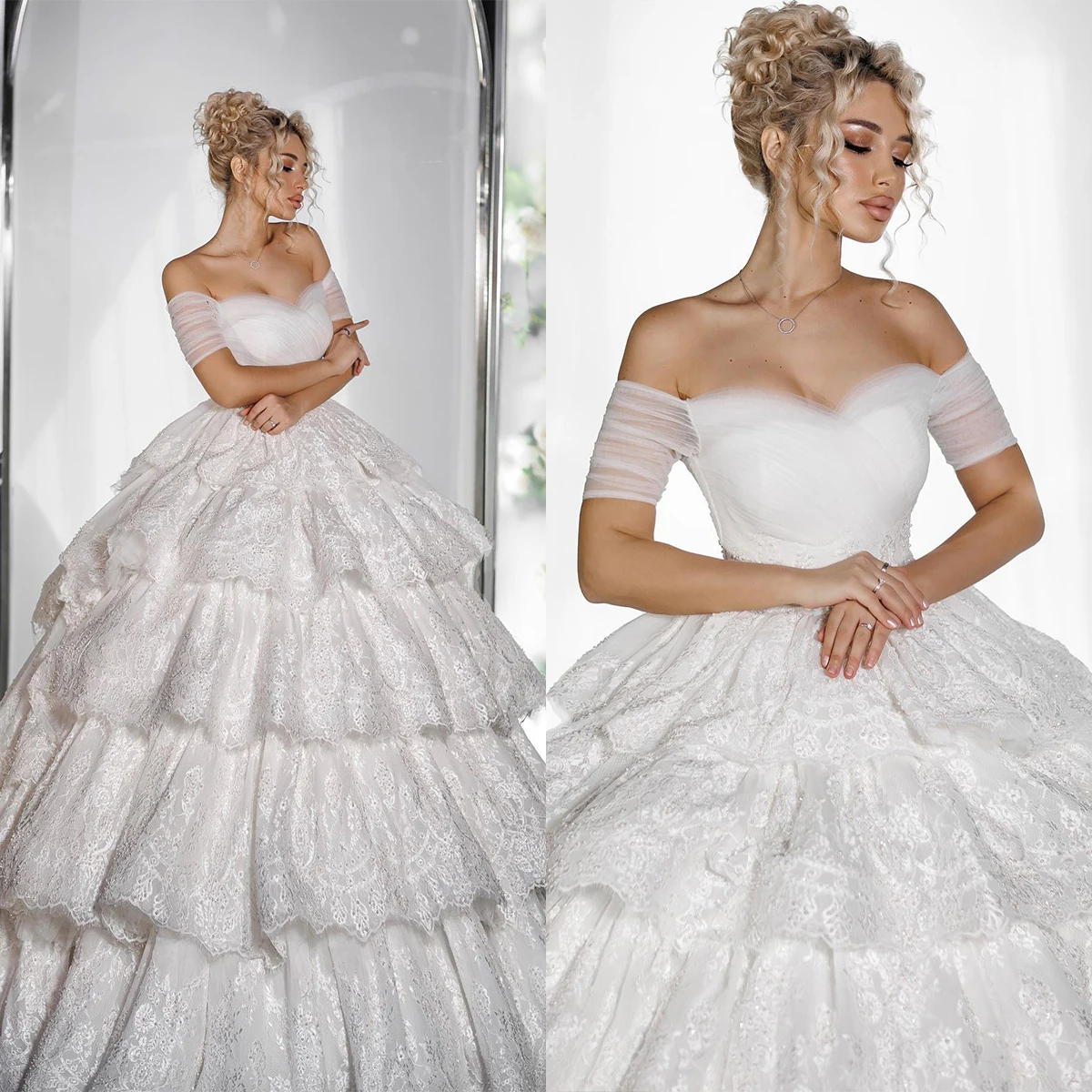 

Gorgeous Ball Gown Wedding Dress For Women Sweetheart Tiered Bridal Gown Off-Shoulder Sleeveless Sweep Train Dresses