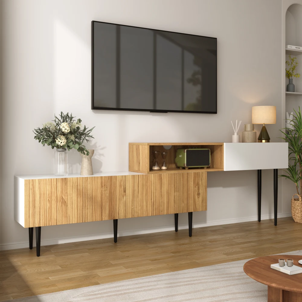 PINGGO Modernes TV-Möbel 2-teiliges Set Verstellbare Länge Holzoptik Weiß Matt Finish Schwarze Metallbeine Multifunktionale Aufbewahrung – Detail 8