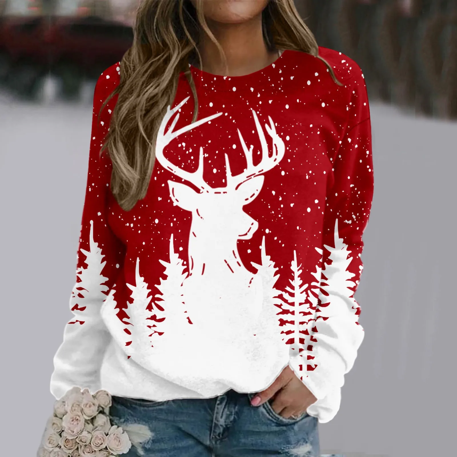 

Christmas Print Sweatshirts Women Warm O-Neck Pullover Tops Christmas Elk Snowflake Hoodies Long Sleeve Sweatshirts Party Coats