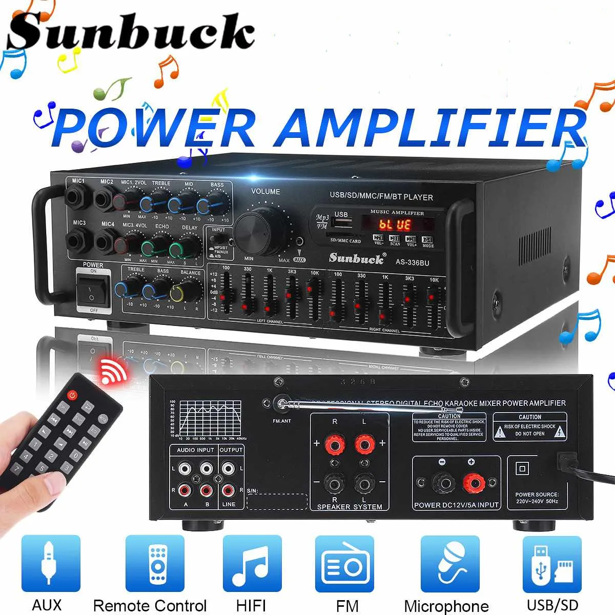 Sunbuck 3000w Bluetooth Stereo Amplifier Surround Sound Home Cinema Karaoke Remote Control Usb
