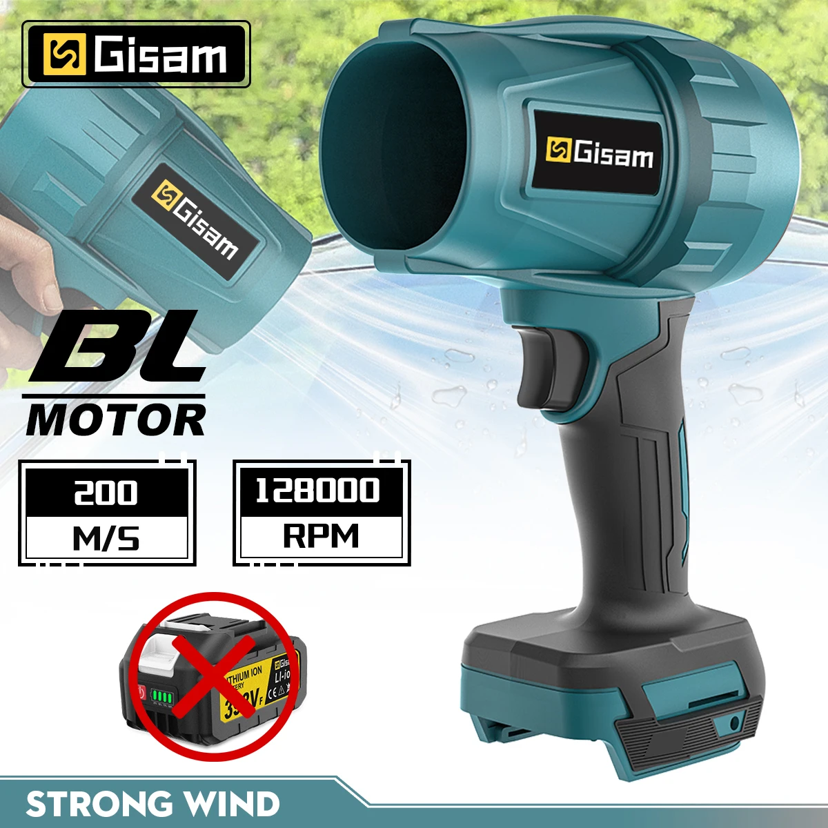 GISAM Brushless Electric Blower, 200M/S turbo jet fan, handheld violent air blower power tool, compatible with Makita 18V battery