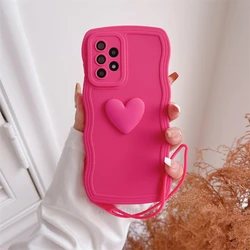 Love Heart Wavy Wrist Strap Silicone Lanyard Phone Case Cover - iPhone 13 Mini (AXSS Rose red)
