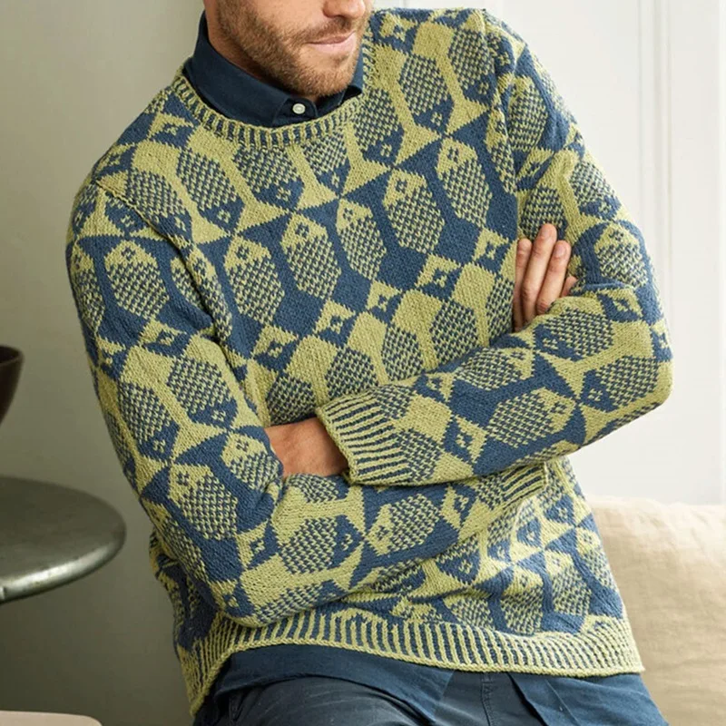 2023 Autumn and Winter Men's Pullover Round Neck Long Sleeve Geometric Screw Thread Jacquard Knit Sweater Fashion Casual Tops