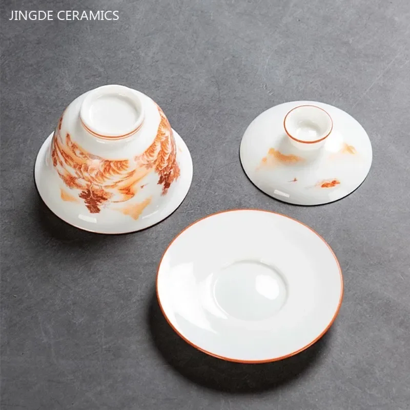 White Fat Jade Ceramic Teacup Sancai Gaiwan with Lid Tea Infuser Chinese Porcelain Tea Set Handmade White Porcelain Teabowl