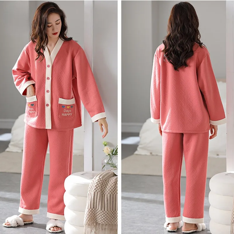 2024 New Air Cotton Sandwich Pure Cotton Pajamas Women Thickened Autumn Winter Thin Cotton Jacket Oversized Loose Homewear Set