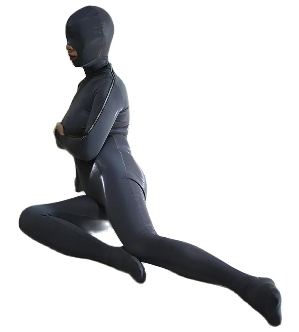 

Women Zentai Faux Latext Tights Cosplay Stage Jumpsuit Onesie Sexy Lingerie Chest Opening Leotard High-Neck Full Body Bodysuits