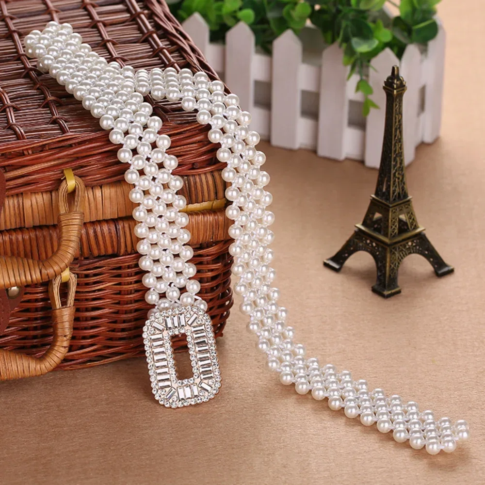 Elegant Women Pearl Waist Belt Elastic Buckle Chain Belt Girls Dress Strap