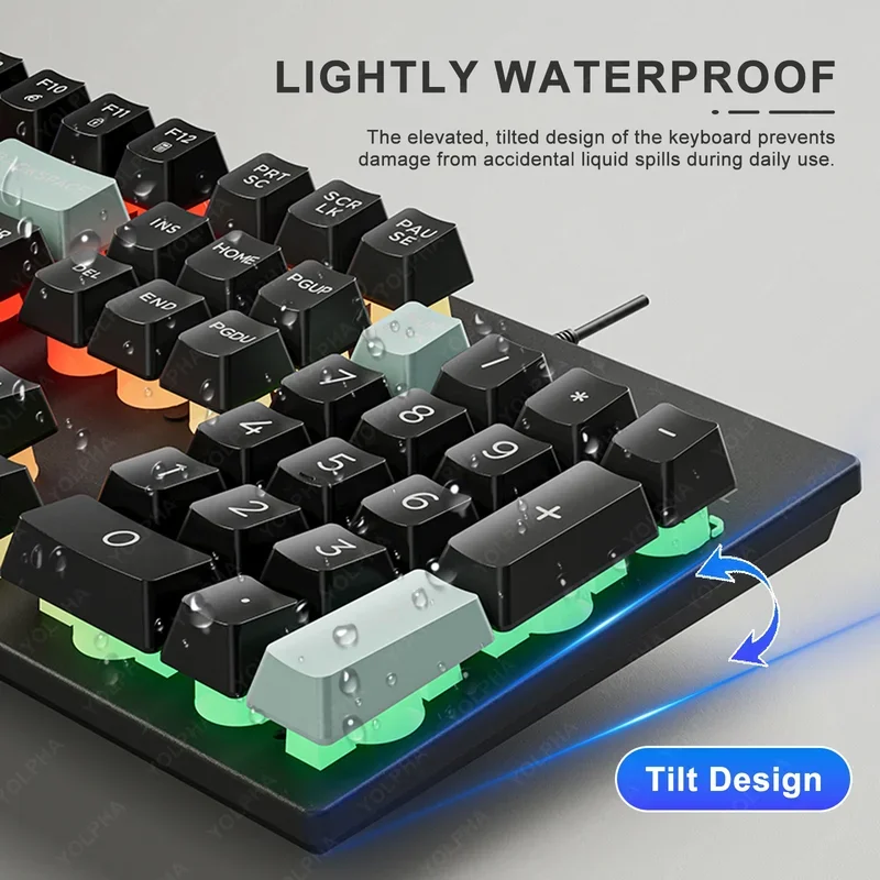 7 Colours Wired Keyboard 104 Keys Rainbow Backlit Office Gaming Keyboard QWERTY Layout Suspended Keys Square Cap Gaming Gear