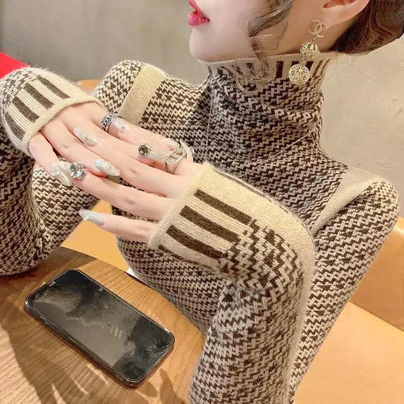 

High necked sweater pullover women patchwork sweater 2023 fashion autumn and winter casual long sleeve sweater pullover female