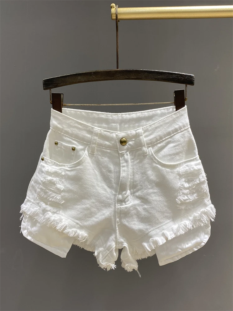 Summer Frayed Design Hot Girl Pocket Wide-Leg Jeans A-line Short Pants Leak Pocket Ripped Mini Shorts For Women's Y2k Clothes