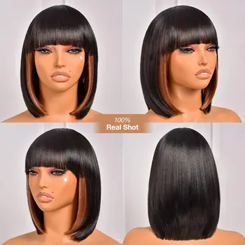 Bob Wig With Bangs - 14 Inch Peek-a-boo Color Short Bob Wig For Black Women Black Mix Brown Daily Costume Wigs, Light Synthetic Bob Wig With Bangs 14 Inch Peek a boo Color Short Bob Wig For Black Women.jpg