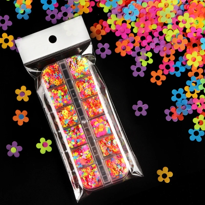 

12Grids/Box Fluorescence PET Glitter Flakes Love Heart Numbers English Mix