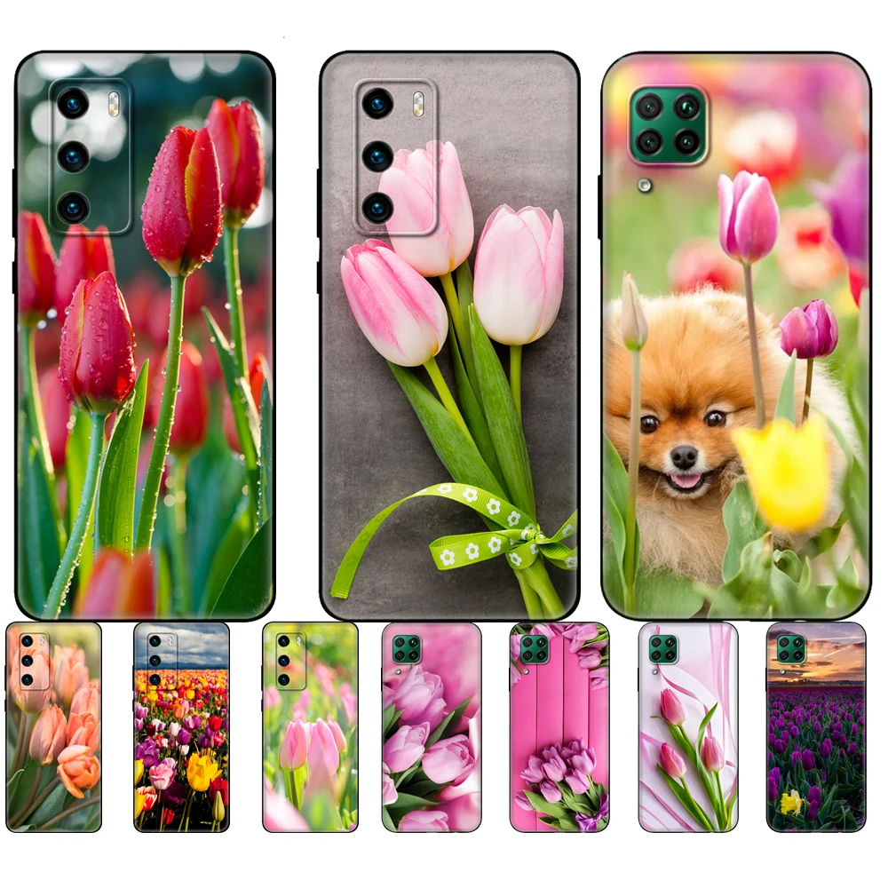 Черный чехол из ТПУ для Huawei P30 Lite Pro P40 LITE E P Smart 2020 с тюльпанами цветами фиолетовый |