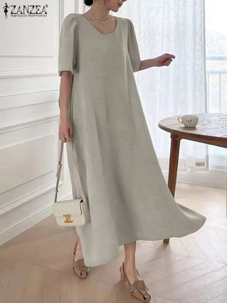 

Vintage Solid Long Dress Summer Elegant Maxi Dresses ZANZEA Women Short Sleeve O Neck Holiday Sundress Vestidos Party Robe Femme