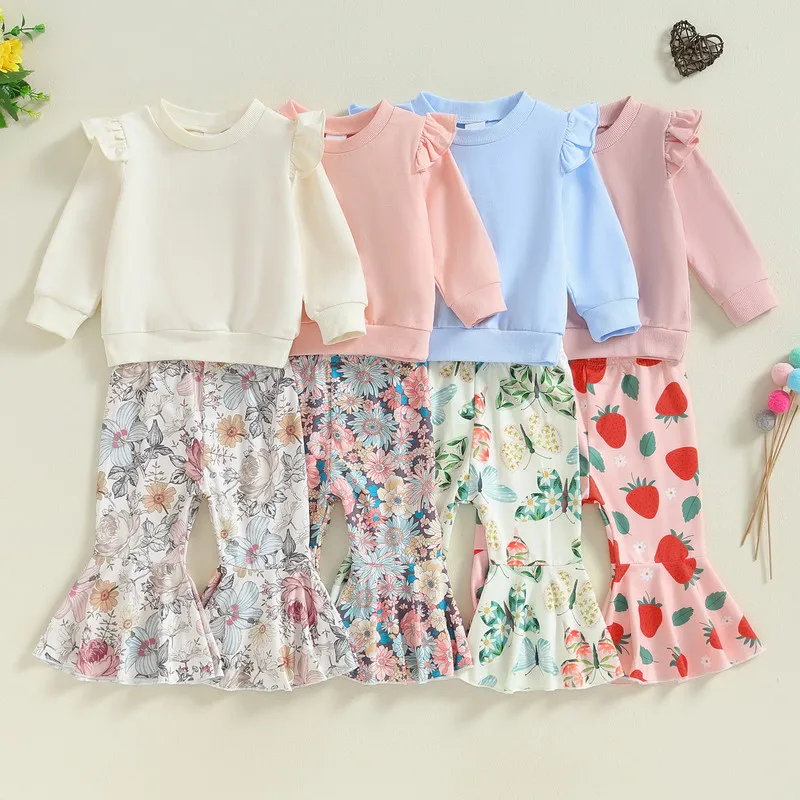 

Little Girls 2PCS Pants Sets Autumn Clothes Flying Sleeve Round Neck Tops Floral/Butterfly/Strawberry Print Flared Pants Sets