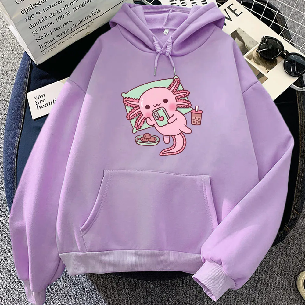 

Pink Axolotl Eating Bubble Boba Milk Tea Hoodies Long Sleeve Women/Men Winter Sweatshirts Kawaii Graphic Printing Pullovers Cute