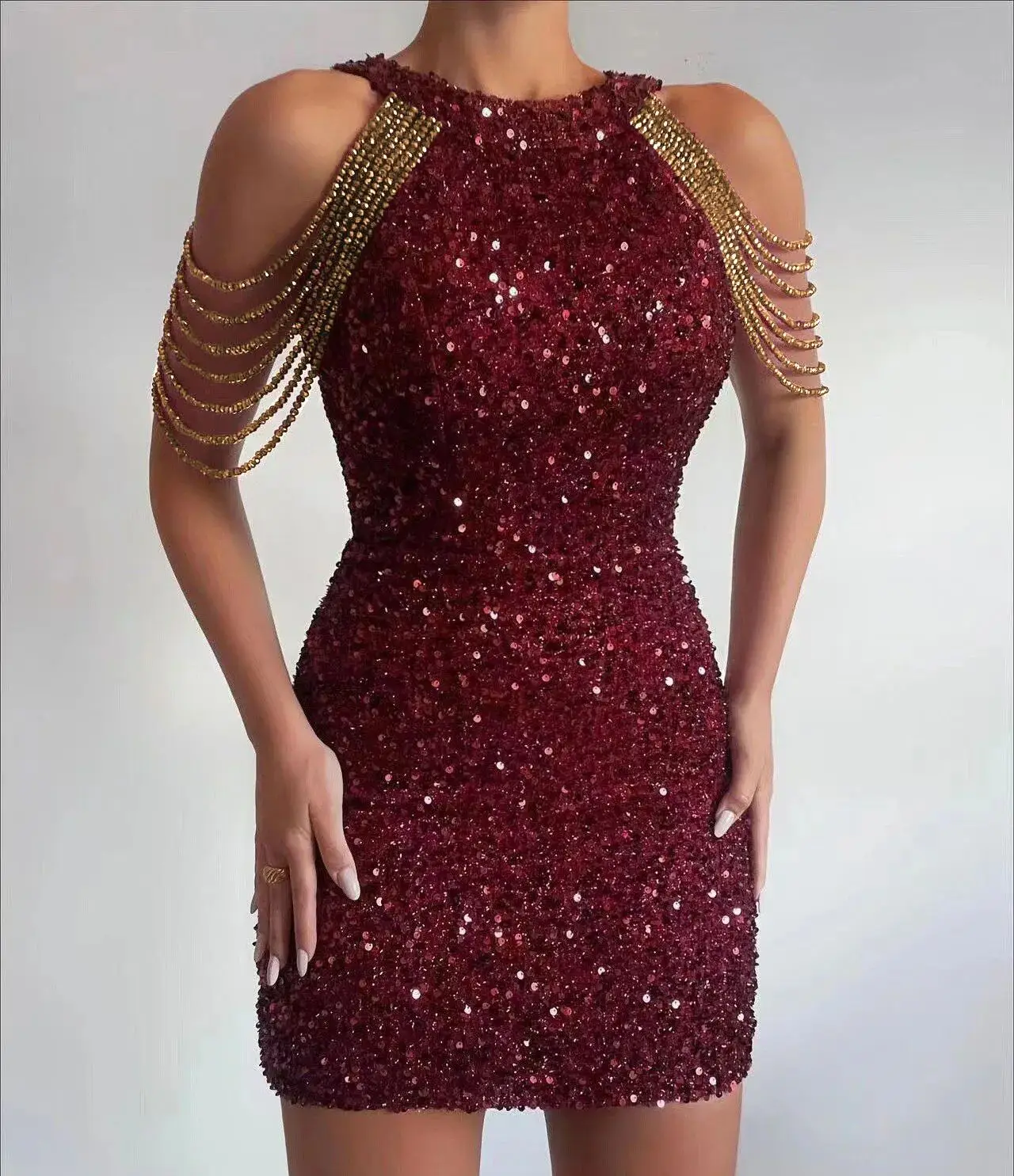 

A7 Spring and summer new fashion halter neck sexy crystal tassel hip sequin dress