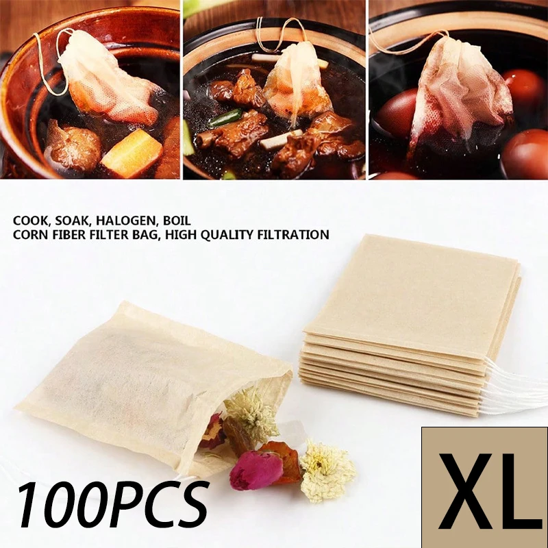 100-Pack Disposable Drawstring Tea and Coffee Infuser Bags - Natural Wood Pulp Paper