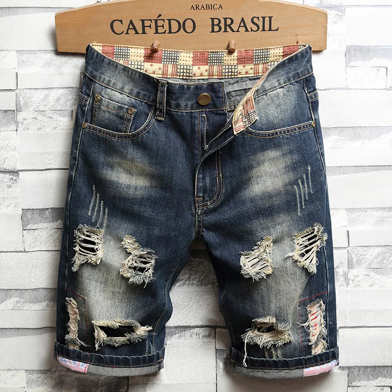 

2023 Winter New Interlining Jeans Men More than Rags Five Points Beggar Pants Four Seasons Fashion Brand Personality Jeans