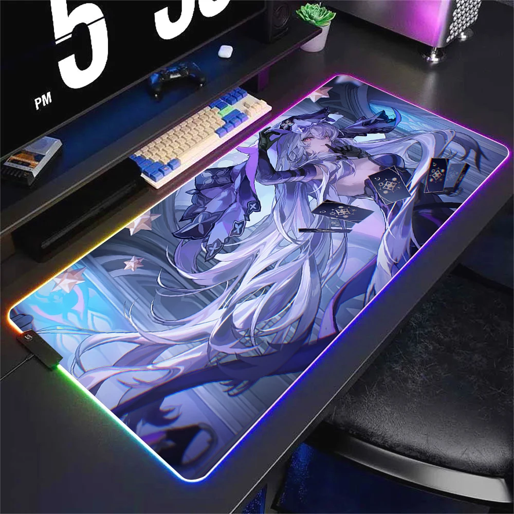 Rubber Mouse Pad RGB Honkai Star Rail Silver Wolf Sparkle Ruan Mei MouseMat LED Large Keyboard Gaming Mousepad Locking Edge Mat
