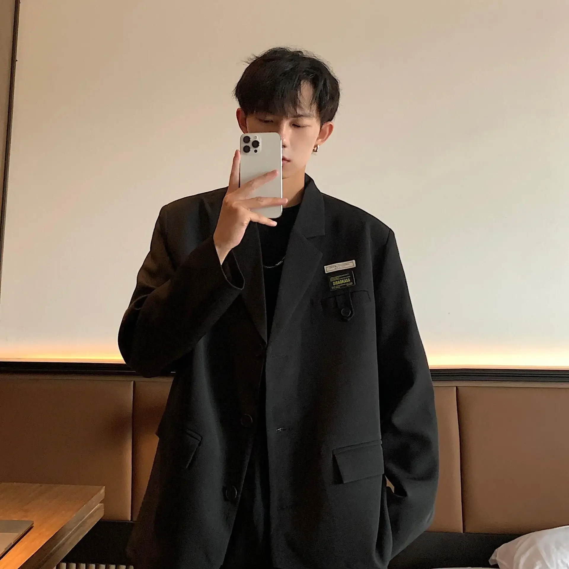 남성용 다크 브라운 커피 컬러 서양식 세트 재킷, 인스 스타일 오버사이즈 사냥복, 트렌디한 가을 시즌