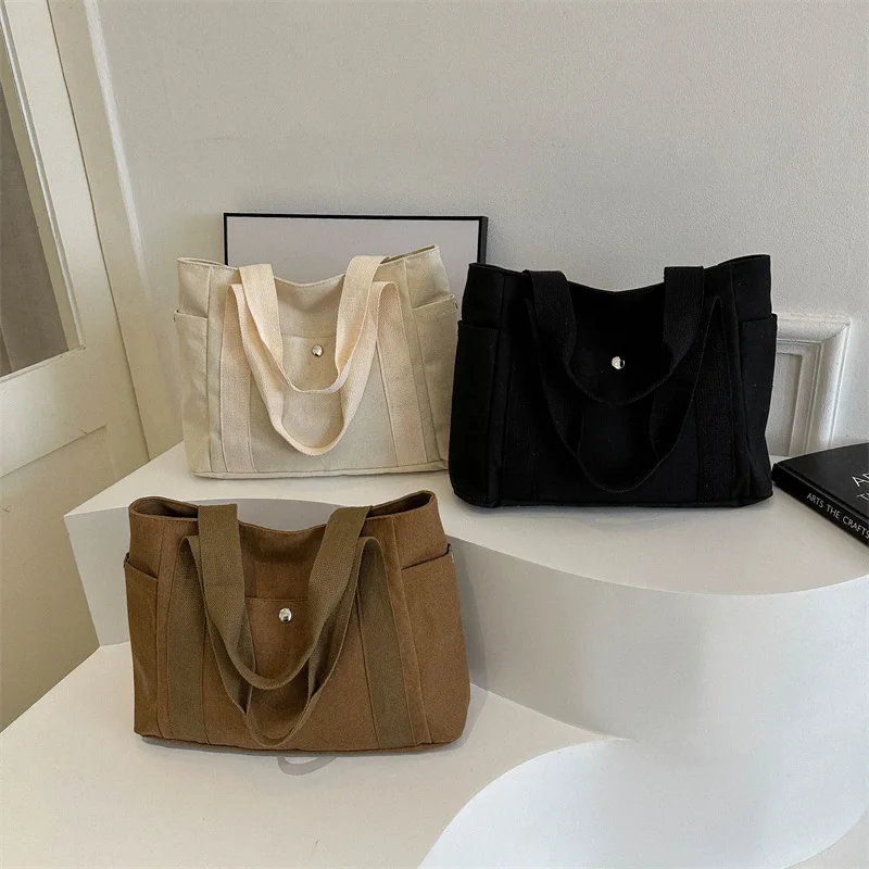 Canvas Tote Bags for Women Simple Mori Girl Popular Design Large Capacity Pocket Shoulder Bag All-match Student Commuter Handbag