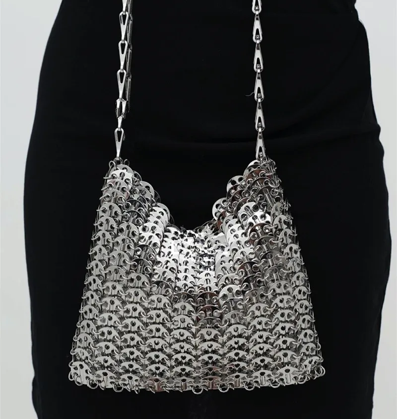 Luxury Designer Women's Bag Trend Hand Woven Hollow Metal Chain Tote Bag Clutch Female Bag Travel Holiday Shoulder Bag Handbag 2