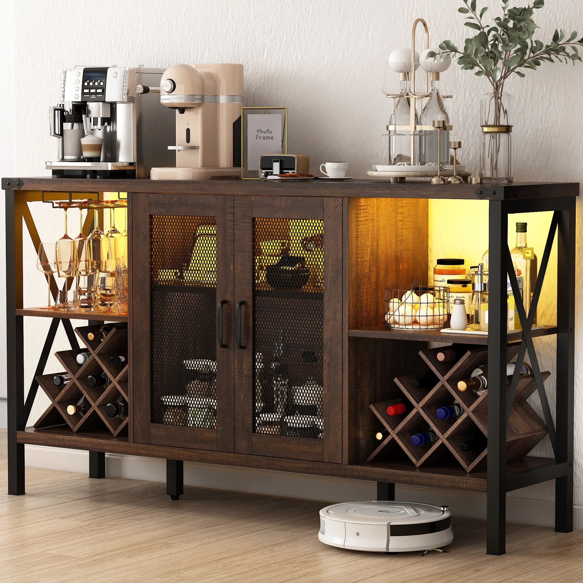 55" Industrial LED Bar Cabinet with Outlet, liquor cabinet bar with Removable Wine Rack and Glass Holder for Living Room Kitchen