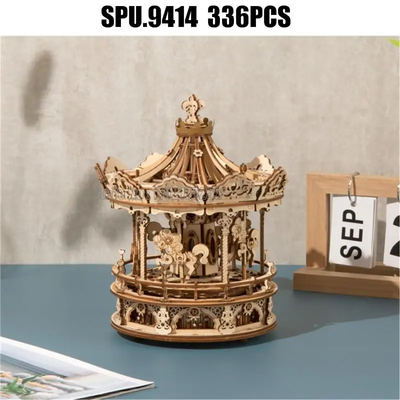 (no Box)336pcs 3d Wooden Puzzle Rotatable Diy Romantic Carousel Game Gift Children Kids Assembly Music Box Toy 5