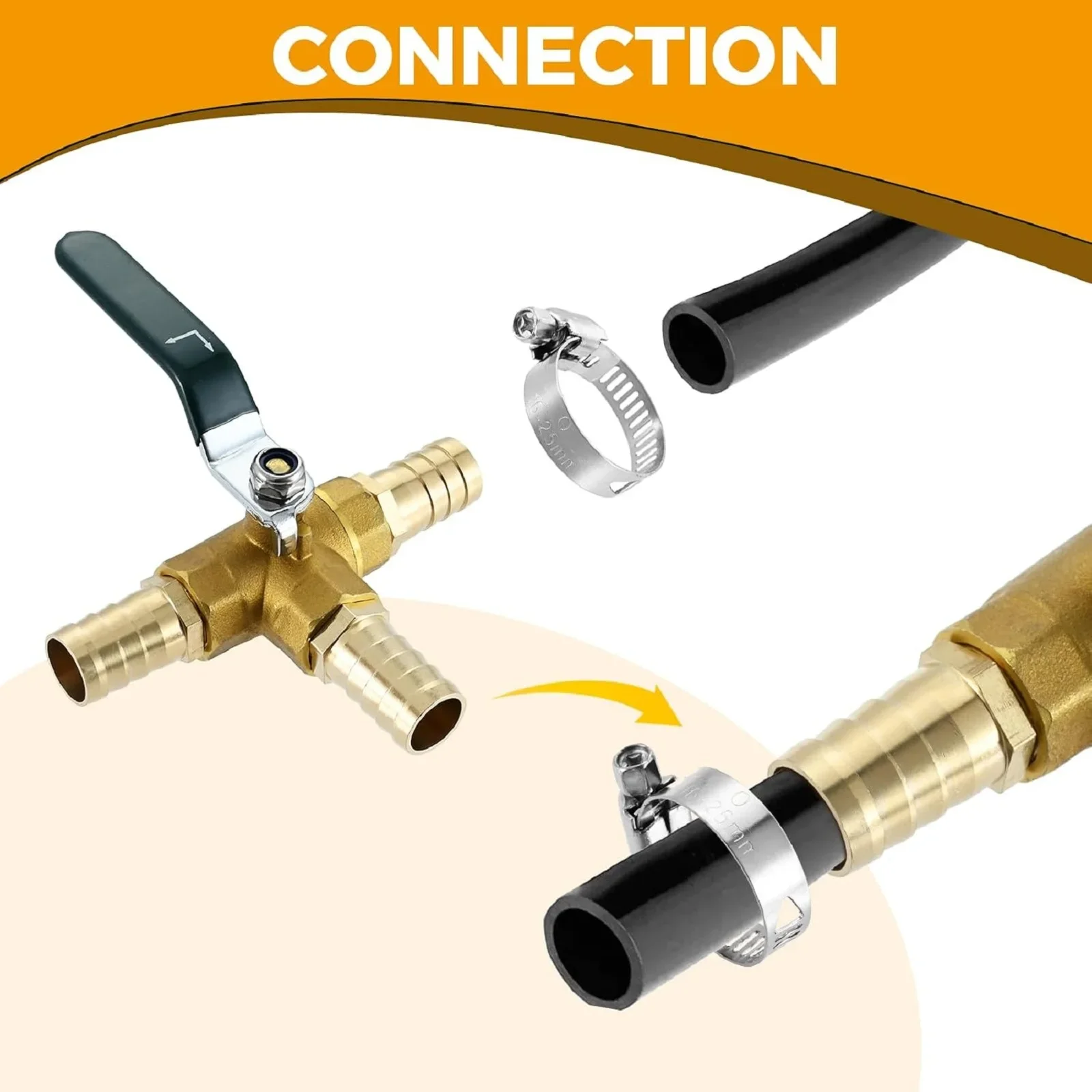 Brass 3-Way L-Port 1/2" Hose Barb Ball Valve 1/2" G Female Thread with Shut Off Lever Handle T Shaped Brass Fitting &Pipe Clamps
