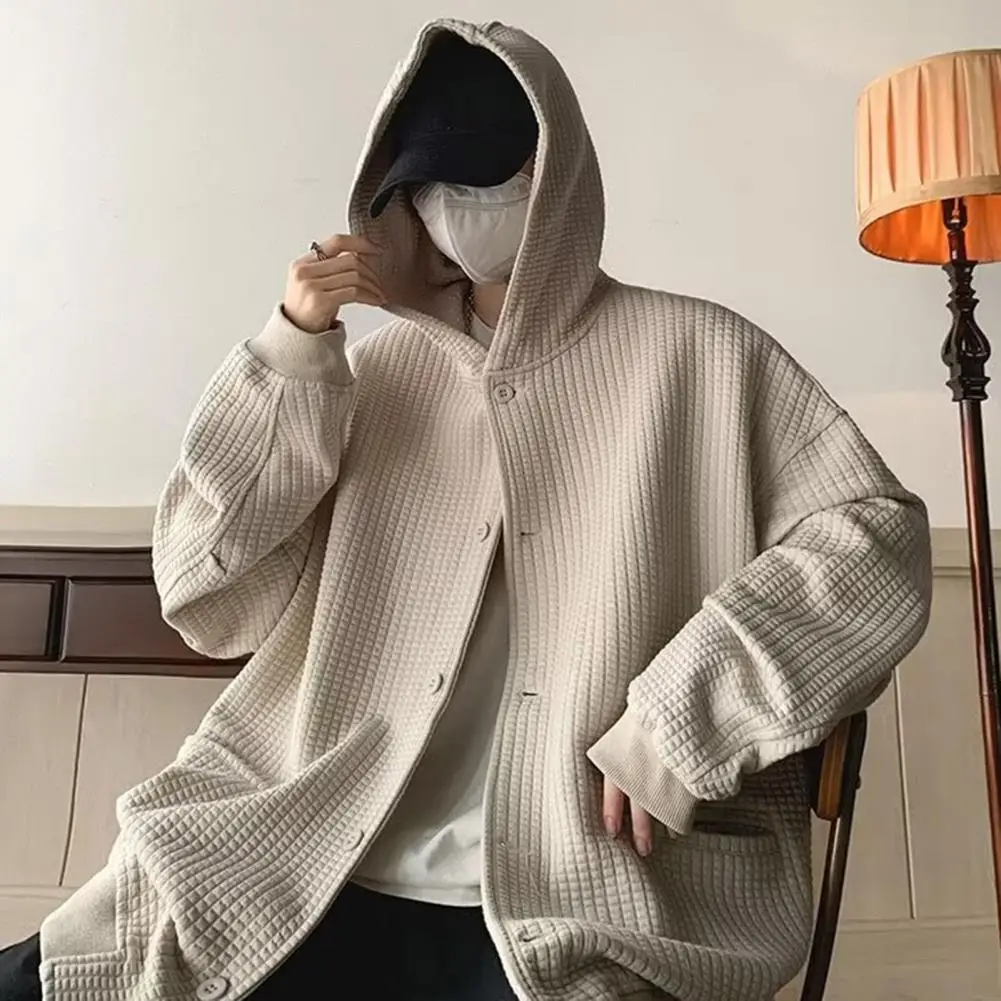 

Comfortable Men Hoodie Hip Hop Style Loose Fit Jacket Men's Solid Color Waffle Texture Coat with Hood Long Sleeve for Autumn