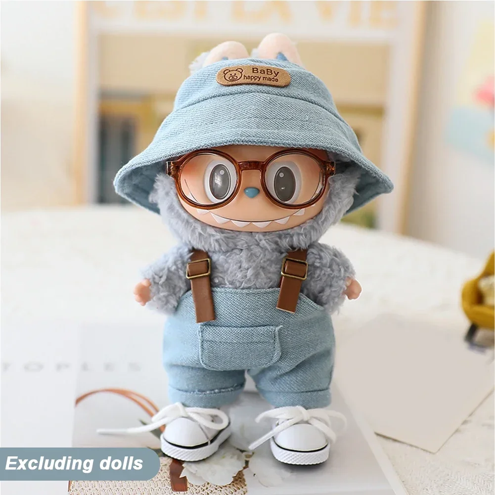 Mini ropa para muñeca, accesorios para Labubu Idol, 10cm, muñeca de algodón, sombrero tipo cubo, conjunto de monos, bolso cruzado de PU, regalo de rop