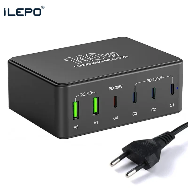 

140W Universal 100W PD Fast Charger 6-Port USB QC3.0 Laptop USB C Charging Charger for MacBook Pro Iphone 14 13 12 Samsung S23U