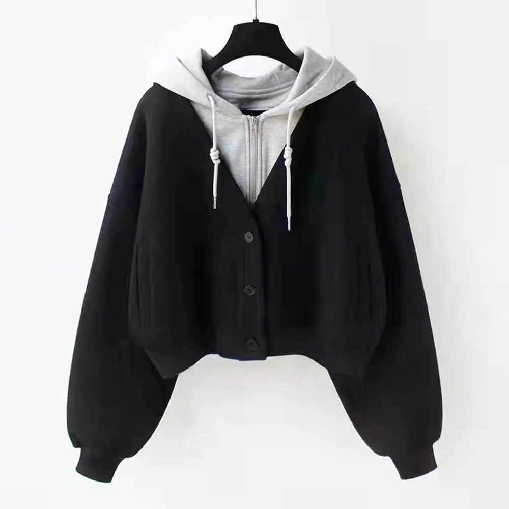 

Women's Spliced Hoodie Zipper+Singlebreasted Design Spring Autumn Loose Fake Two Pieces Casual Hoodies Spliced Long Sleeve Top